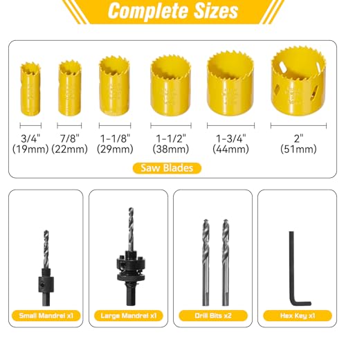 KATA M42 Bi-Metal Hole Saw Kit, 11 Pieces High Speed Steel Hole Saw Set with 3/4\" -2\" (19-51mm) 6PCS Hole Saw Blades in Case with Mandrels, Drill Bit, Hex Key for Thin Metal, Hard Wood, Drywall - Thumbnail 2