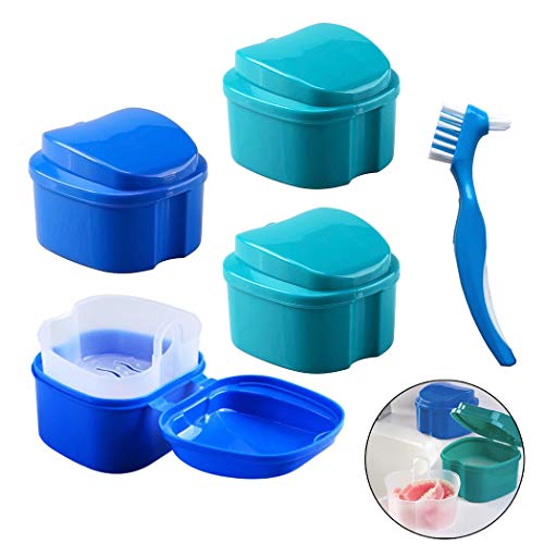 Caja de Dentadura - Caja de almacenamiento de dientes falsos Hatisan-Pro con contenedor de red colgante, caja de protección superior para boca con cepillo de limpieza (5 piezas)