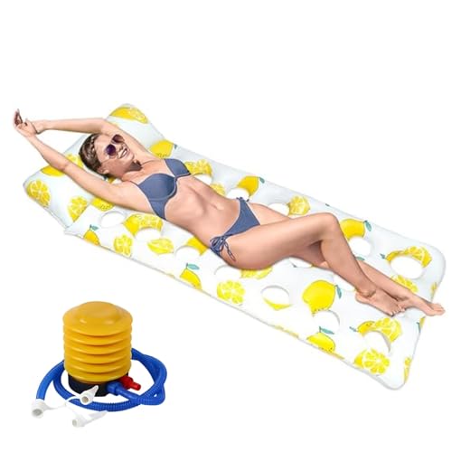 Image of Inflatable Lounger for Adults & Kids, Stylish Citrus Design with Cooling Hole, Floating Air Mattress for Swimming Pool, Beach & Summer Relaxation, Yellow