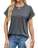 WELINCO Manches Courtes Pour Femmes, col ras du cou plissé, Mode décontractée d'été Dark Grey Large