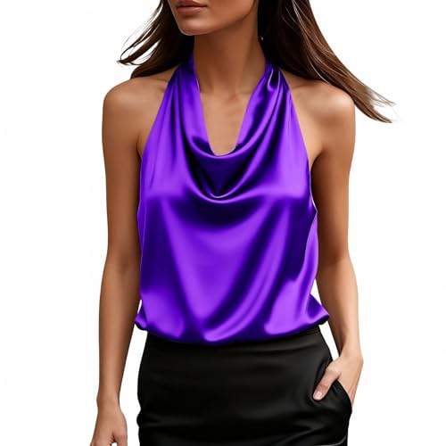Image of Nuaoxyeu Cream top Satin Halter Neck Top Low Back Satin Shirt Sleeveless Off Shoulder Tank Tops Sexy Casual Vests Loose fit Basic Shirts Summer Going Out Tees White Camisole Tops for Women UK