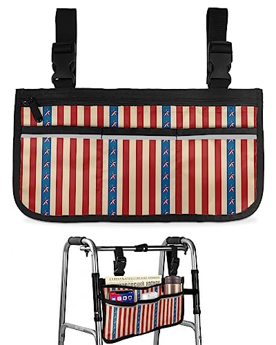 4th of July Wheelchair Side Bag Walker Bag, Independence Day Striped American Star Wheelchair Accessories Armrest Pouch, Organizer Storage Bag for Walkers, Rollators, Scooters, 7.3''x13''