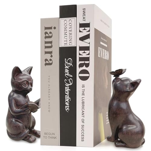 2 Pack Cute Cat Decorative Bookends for Shelf,Unique Vintage Book Ends to Hold Books Heavy Duty for Office Desk, Modern Living Room Decor for Reading Enthusiasts or Cat Lovers