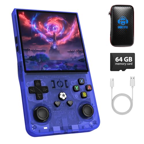 R36MAX Handheld Game Console, Retro Gaming Console with 4000mAh Battery 4.0”IPS Screen, Open Source Linux System, with 64GB TF Card Portable Video Gaming Console, Transparent Blue