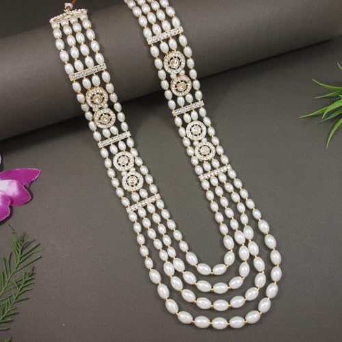 Image of I Jewels 4 Layered Traditional Gold Plated Dulha Moti Mala with Beaded Maharaja Haar /Groom Necklace for Men