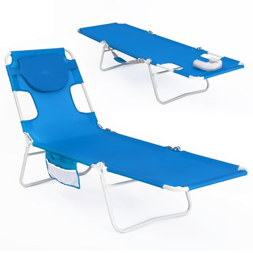 WEJOY Folding Tanning Chair with Face Hole, 5 Positions Face Down Beach Lounge Chairs with Pillow for Outside Sunbathing Poolside (Blue)