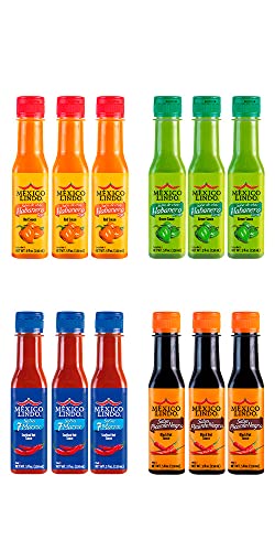 Image of Mexico Lindo Hot Sauce Variety Pack | Includes 3 Bottles Each of Red Habanero + Green Habanero + 7 Mares + Picante Negra | 5 Fl Oz Bottles (Pack of 12)