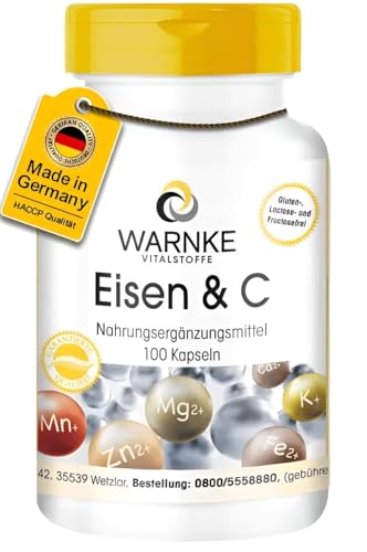 Eisen mit Vitamin C - Eisen Komplex mit Vitamin B12, Biotin & Vitamin C - vegan & hochdosiert - 100 Kapseln | Warnke Vitalstoffe - Deutsche Apothekenqualität