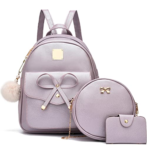 I IHAYNER Girls Bowknot 3-Pieces Fahsion Leather Backpack Backpack Purse for Women Rucksack for Ladies Shoulder Bag Pearl Purple