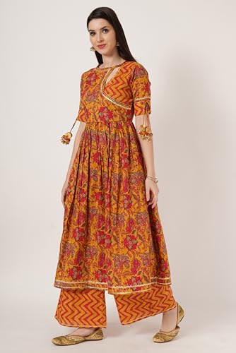 Image of COTLAND Fashions Breathable Cotton Floral Printed A-Line Kurta Set With Palazzo for Women