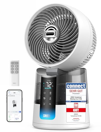 DREO TurboCool Nebelventilator 516S Tischventilator mit 150+30 Oszillation Verdunstungskühler 7.9 m/s ultrafeiner Nebel 20 dB leise 6 Geschwindigkeiten 2 Modi App- & Fernbedienung RGB Weiß