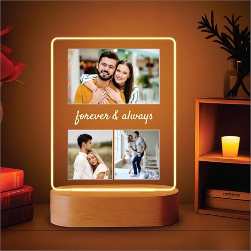 Image of Giftplease Customized Photo & Message Gift for Loved Ones Wooden Base LED Plaque Personalized Frame Perfect for Mom, Dad, Friends, Family, Couples, Birthday, Wedding Anniversary, Valentine