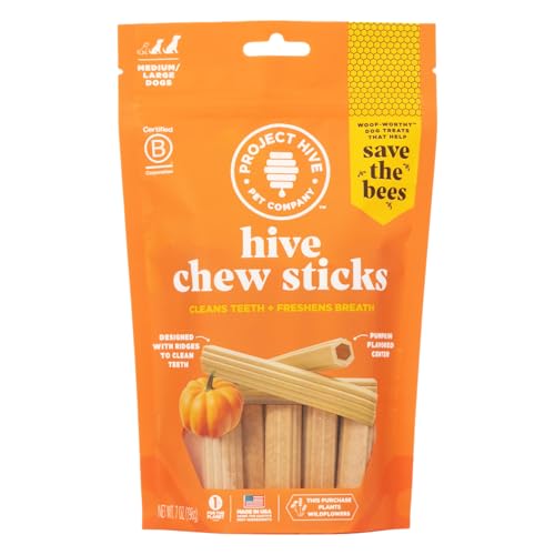 Hive Pumpkin Dental Treats for Dogs — Healthy, Vegetarian, Natural Pumpkin and Honey Flavor, Vegetarian Chews, Made in The USA (Chew Sticks, Large Breeds)-Clean Teeth and Freshens Breath