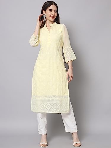 Image of Ekasya Women's Georgette Embroidered Work Kurta with Notch Neck 3 /4 Sleeves Straight Cut Calf Length | E1547