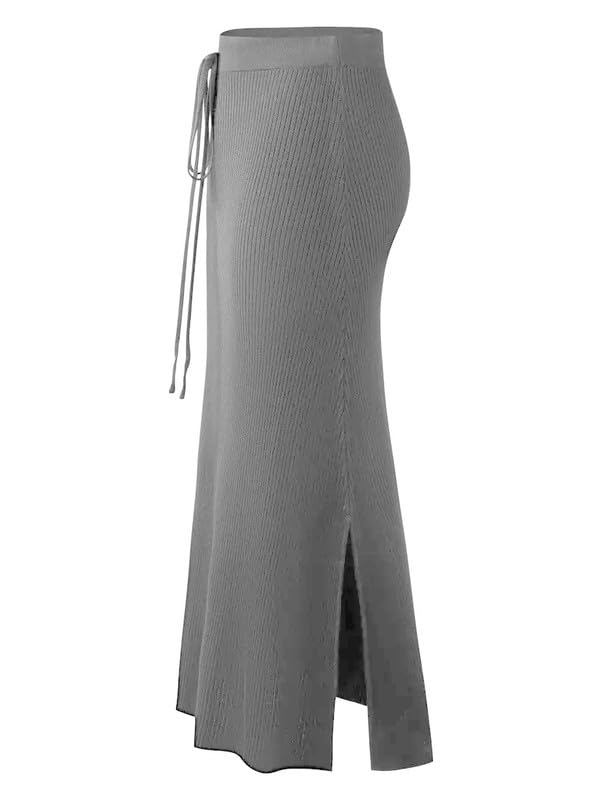 Womens Knit Long Skirts with Side Slit - Ribbed High Waist Stretch Skirt with Drawstring, Casual Solid Dresses2
