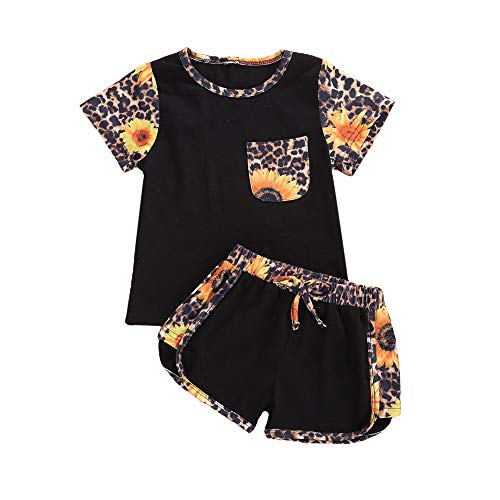 Toddler Baby Girls Leopard Print Shorts Set Summer Tops T Shirt+Sweat Shorts Outfits Clothes (Black&Sunflower&Leopard, 5-6X)