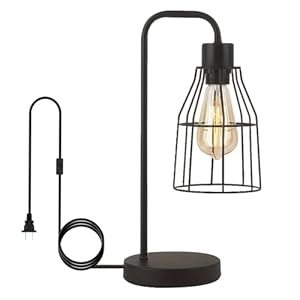 Industrial Vintage Table Lamp with Plug-in Cord Switch, Black Farmhouse Table Lamp with Metal Cage Shade, E26 Base Edison Bedroom Nightstand Light for Bedside, Office, Living Room