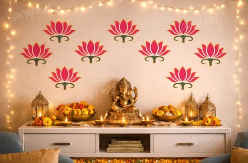 Image of Divyakosh Pink Lotus Wall Stickers for Wall Decor (12 Pieces, 3x3.5 Inch) | Puja Backdrop Decoration, Mandap, Temple Decor | Peel & Stick Lotus Stickers for Home & Festive