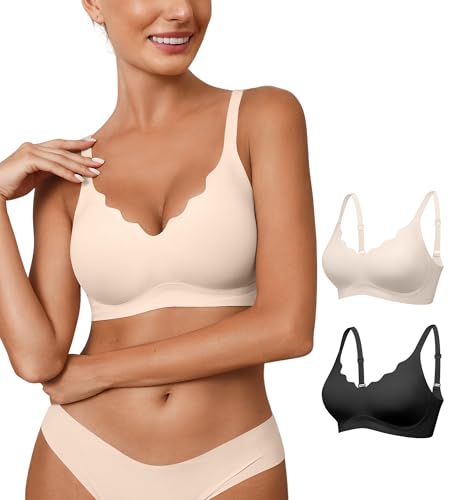 Womens Seamless Bras No Underwire Wireless Push Up Full Coverage Bra Scalloped V Neck T-Shirt Bra Comfort Bralettes