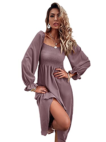 Floerns Women s Boho Floral Print Square Neck Flounce Sleeve A Line Long Dress Mauve Purple S