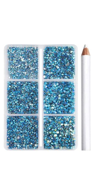 Image of Beadsland Flatback Rhinestones, Aquamarine AB, 7200pcs Mixed 6 Sizes | Glass Nail Gems, Round Crystal, With Wax Pencil Kit, SS3-SS10, Blue AB