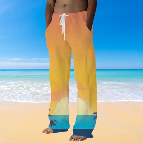 Generic Mens Linen Pants Beach Hawaii Print Casual Summer Casual Pants Elastic Waist Drawstring Baggy Trousers with Pockets, X-Large, #B5 Yellow2