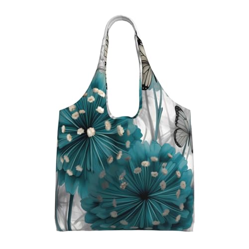 (Gray Teal Flower Butterfly) Large Tote Shoulder Bag Fashion Canvas Handbag Reusable Shopping Bag Travel Bag For Women