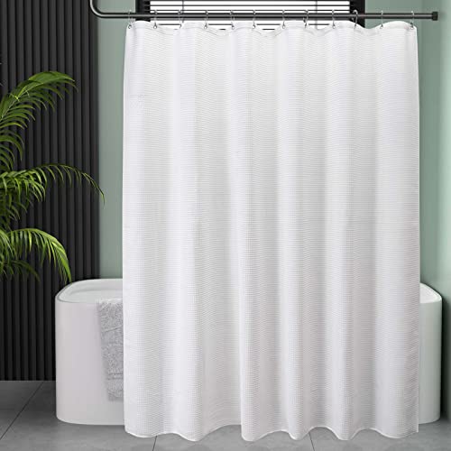 Image of AmazerBath White Shower Curtain Fabric, Waffle Shower Curtain Polyester, Luxury Cloth Shower Curtains for Bathroom, Hotel Quality, Machine Washable, Heavy Duty, 72 x 72 Inches (Matte White)