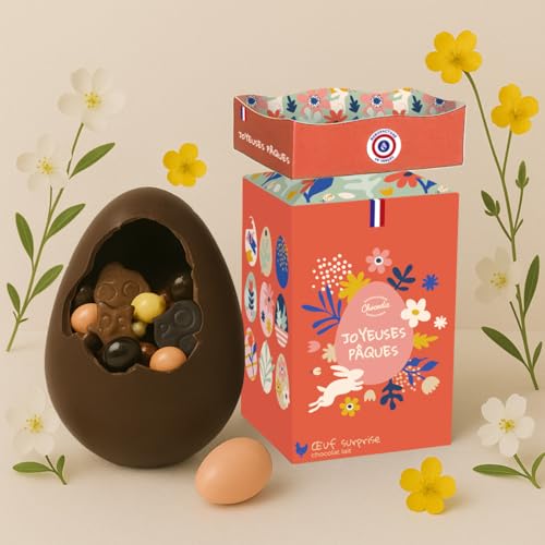 Moulage chocolat PAQUES MARYSE L'OEUF SURPRISE 150g - chocolat de Pâques - Fabrication 100% artisanale et Française - chocolat lapin poule cloche poussin oeuf (CHOCOLAT LAIT)