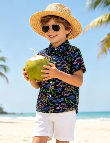 Image of Boys Hawaiian Shirt Kids Button Down Aloha Beach Hawaii Tops 5-14Y | Quick Dry, Breathable, Cooling & Lightweight, For Summer Vacation Holiday, Fourth of July, Youth, Teen, Shark, Dinosaur