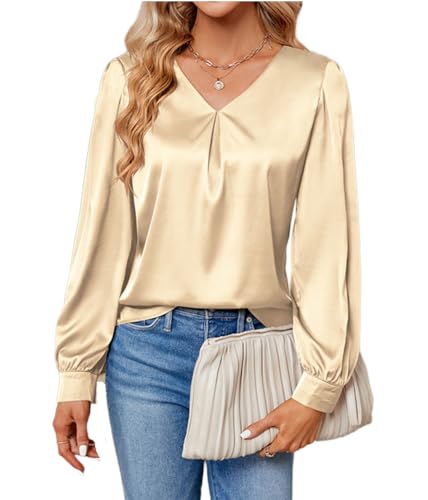 YUTILA Blusa de satén para mujer, elegante, manga larga, satén, cuello en V, oficina, trabajo, negocios, parte superior, beige, L