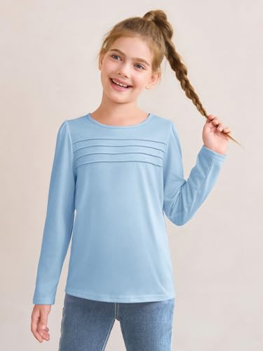 Haloumoning Girls Pleated Front Long Sleeve Shirts Kids Puffed Soft Cute Casual Crewneck T Shirts Tops 5-14 Years2