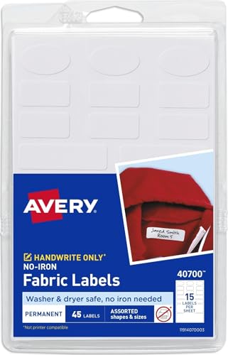 Image of Avery® No-Iron Fabric Labels, Assorted Shapes and Sizes, Washer and Dryer-Safe Waterproof Labels, Non-Printable, 45 Total (40700)