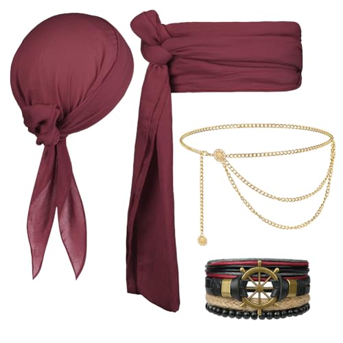 Alaoo Piraten Accessoires Set, 4 PCS Piraten Stirnband Taillengürtel,Piraten-Design-Accessoires für Karneval, Cosplay, Party, Halloween Kinder Frauen Männer