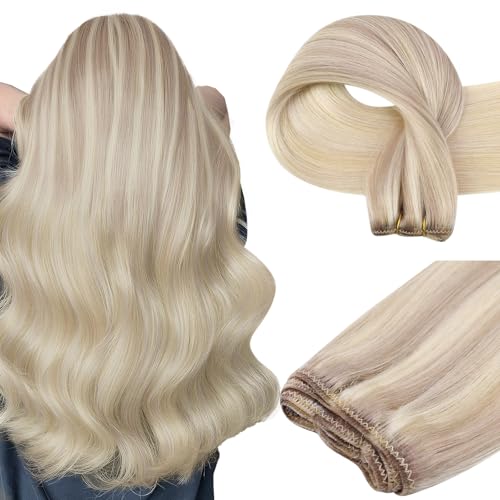 Image of Easyouth 22 Inch Weft Hair Extensions Human Hair Sew in Hair Extensions Ash Blonde Mix Platinum Blonde Sew in Weft Human Hair Extension 100G