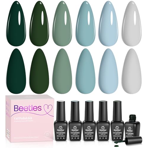 Beetles Green Gel Polish Set - 6 Colors Dark Green Baby Blue Gray Spring Color Gel Nail Polish Misty Soak Off DIY Home Uv Nails Gifts for Women Girls st patricks day
