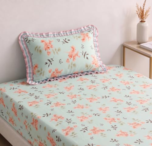 Image of BSB HOME 240 Tc Premium Single Bed Bedsheet, Soft Comfortable Bed Sheet with 2.5 Inches Frill Border, Stylish Printed Bedding for Bedroom, Elegant Bedsheet, 60 x 90 Inches - Seafoam