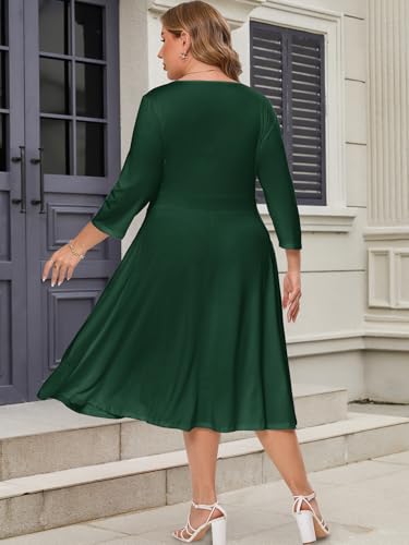 Image of Plus Size Dresses for Women A-Line V-Neck Swing Flowy 3 /4 Sleeve | 3 /4 sleeve,v neck,pockets,casual,cocktail,wedding,holiday,home,work,date party,vacation,outdoor