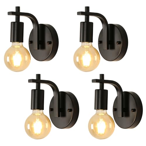 DELIPOP 4 Stück Wandleuchte Innen Vintage, E27 Wandlampe Schwarz Metal, E27 Industrial Retro Lampe Wandleuchten Wandspot für Schlafzimmer, Wohnzimmer, Treppen, Flur, Esszimmer, Ohne Leuchtmittel