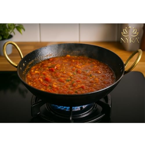 Image of NYRA PureTraditional Black Iron Kadhai for Cooking | Induction Compatible | Heavy Base | Loha Kadai Lokhand /Lokhandi with Handle (Medium)