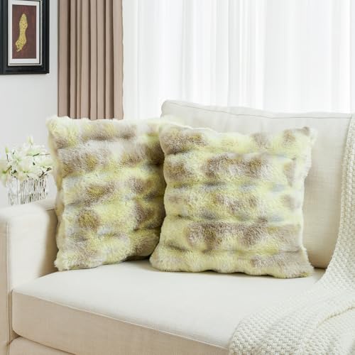 FUTEI Green White Decorative Throw Pillow Covers 26x26 Inch Set of 2,Soft Fuzzy Faux Rabbit Fur Euro Pillow Shams with Raised Texture,Neutral Boho Home Decor for Couch Bed Living Room
