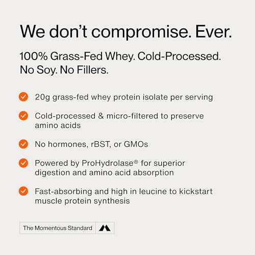 Image of Momentous Essential Grass-Fed Whey Protein Powder - 20 g Whey Isolate Protein - NSF Certified for Sport - Gluten-Free - 25 Servings for Essential Everyday Use - Strawberry - Package May Vary