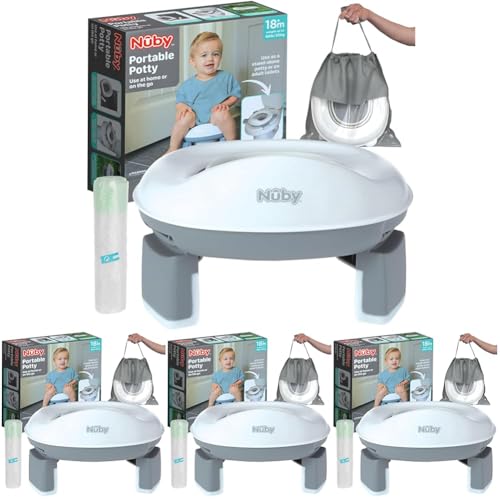 Image of Nuby On-the-Go Portable Potty Seat - Collapsible Travel Toilet Seat for Boys and Girls 18+ Months - Includes Storage Bag and Disposable Liners - Toddler Potty Training Toilet (Pack of 4)