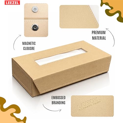 Image of LEEZEL| Tissue Box Holder with 100 Pulls Cotton Rags Tissue | Handcrafted Fine Leather - Like Finish | for Gifting, Office Desks, Cars & Home Decor | Durable & Water Resistant. (Beige)