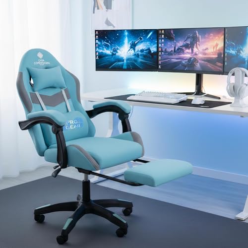 Image of Casa Copenhagen,High-Back Italian Fabric Gaming Ergonomic Chair with Advanced Mechanism & Electric Back Massager, Luxurious Memory Foam Seating & Multi Function Arm-Rest - Blue & Grey