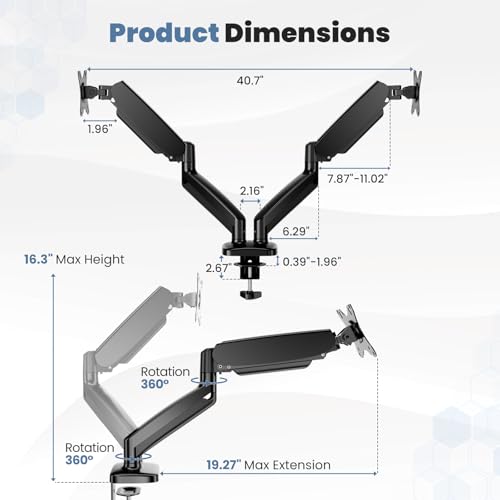 Image of DUMOS Set of 2 Dual Monitor Stand for Desk, Gas Spring Monitor Arm for 2 Monitors Max 32 Inches, Fully Adjustable Double Monitor Mount, VESA Mount with C-Clamp /Grommet Base, Holds Screen 17.6 lbs