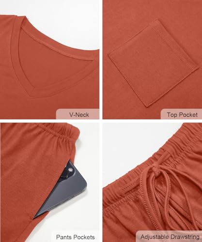 Image of RUBZOOF Women's Short Sleeve Pajama Sets with Pockets Casual V Neck 2 Piece Lounge Sets S-3XL