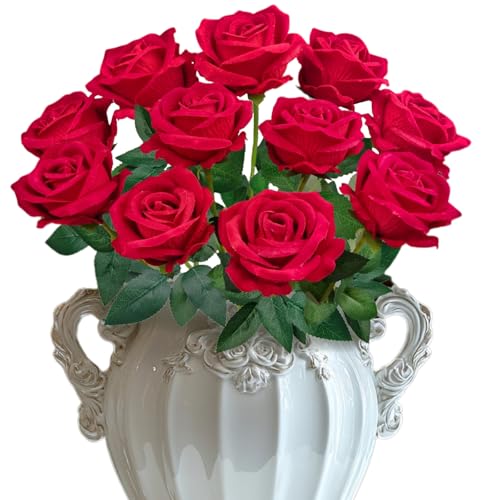 LA.PONEE 10 PCS Velvet Fake Red Roses Artificial Red Flowers Bulk Silk Faux Roses with Stems for Wedding Centerpieces Bridal Bouquets Home Decorations Floral Arrangements