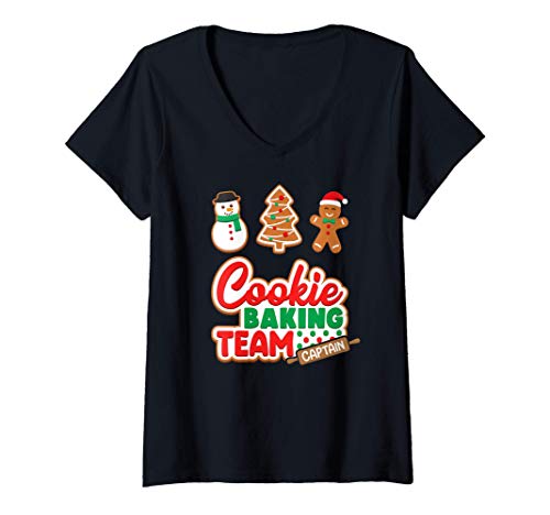 Mujer Cookie Baking Team Captain Galleta Jengibre Navidad Familia Camiseta Cuello V