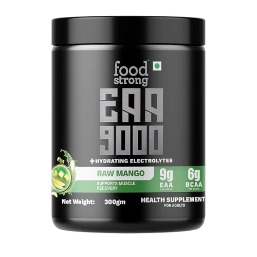 Image of Foodstrong EAA 9000 with Hydrating Electrolytes, Raw Mango Flavour, 9g Essential Amino Acids (EAA) & 6g BCAA Per Serving - Supports Muscle Recovery & Rehydration - 300g, 25 Servings